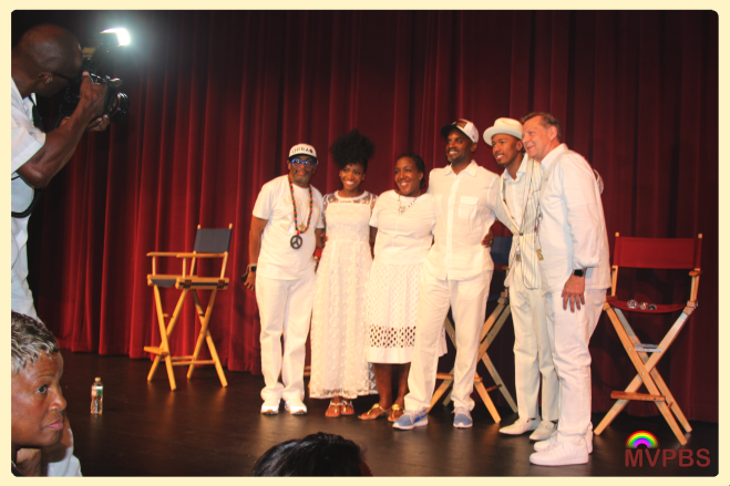 From left: Spike Lee, Teyonah Parris, Stephanie Rance, Floyd Rance, Nick Cannon, and Father Michael L. Pfleger.